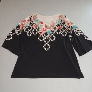 JM Collection Womens XL Black Floral Geometric Bell Sleeve Blouse Top SP20 1219